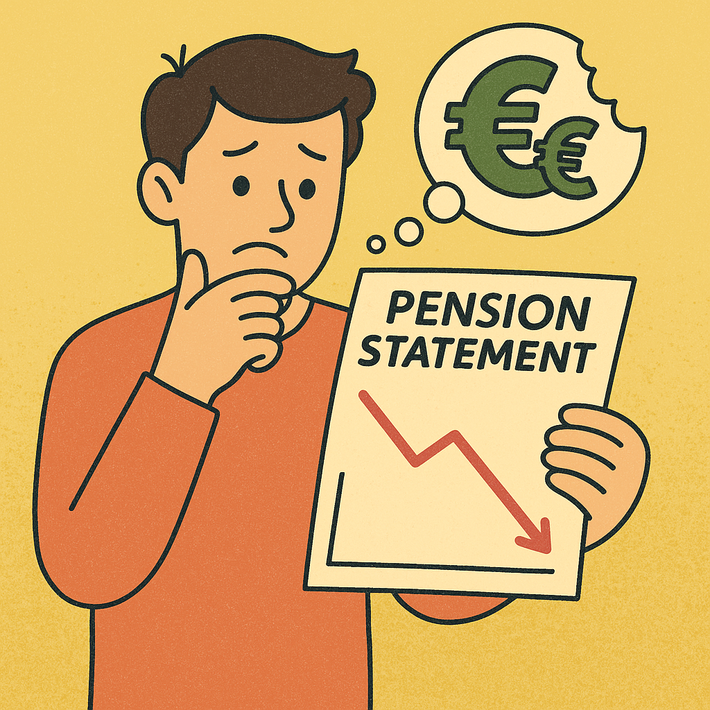 llustration of a person reviewing their pension statement with concern, symbolising hidden pension fees and high charges eating into retirement savings in Ireland.